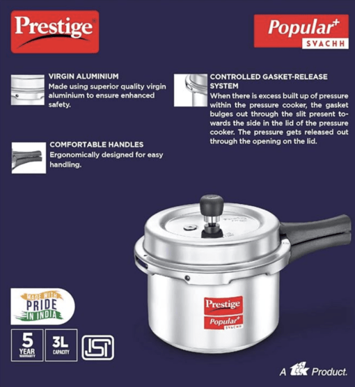 Prestige Popular Svachh Virgin Aluminium Spillage Control Outer Lid Pressure Cooker, 3 L (Silver) - Image 3